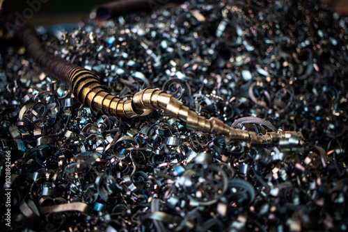 Metal filings collected during turning production process in a recycling facility after machining operations photo