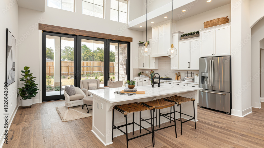 bright and spacious modern kitchen featuring large island, stylish bar stools, and elegant pendant lighting. open layout creates welcoming atmosphere, perfect for gatherings bright and spacious modern kitchen featuring large island, stylish bar stools, and elegant pendant lighting. open layout creates welcoming atmosphere, perfect for gatherings