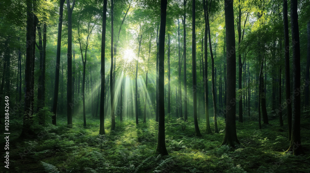 Obraz premium Sunlight filtering through dense forest with tall trees and lush green undergrowth, creating a serene and tranquil atmosphere.