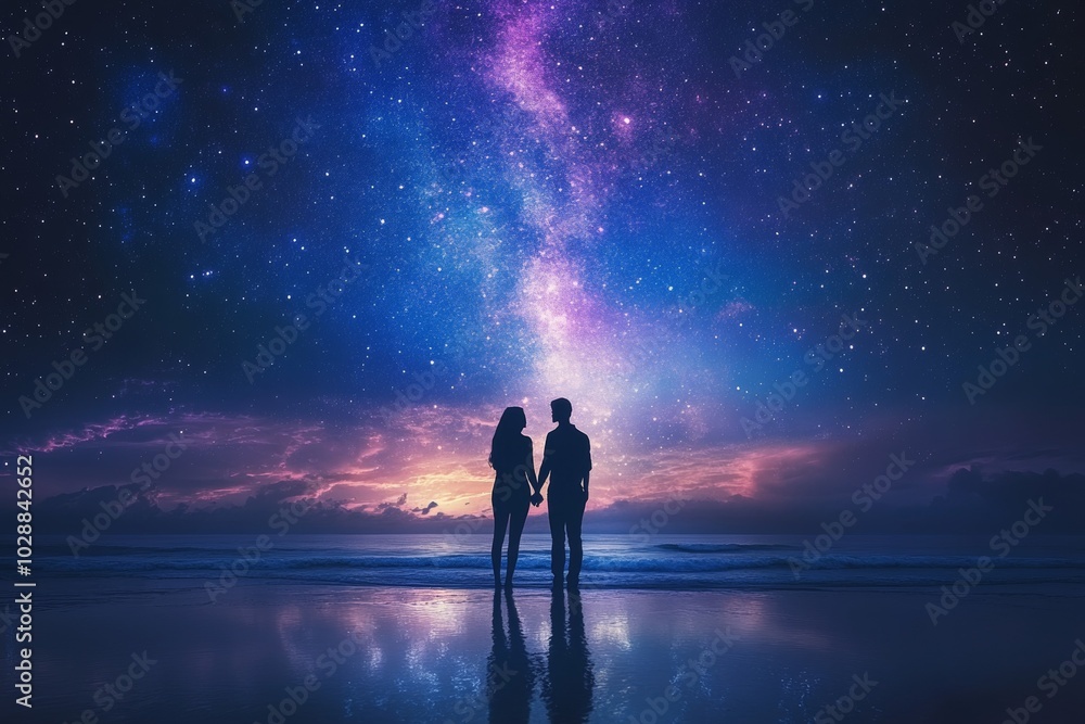 A couple stands by a lake, holding hands under a starry sky with the Milky Way and full moon reflected on the water, evoking a peaceful and romantic atmosphere. A couple stands by a lake, holding hands under a starry sky with the Milky Way and full moon reflected on the water, evoking a peaceful and romantic atmosphere.