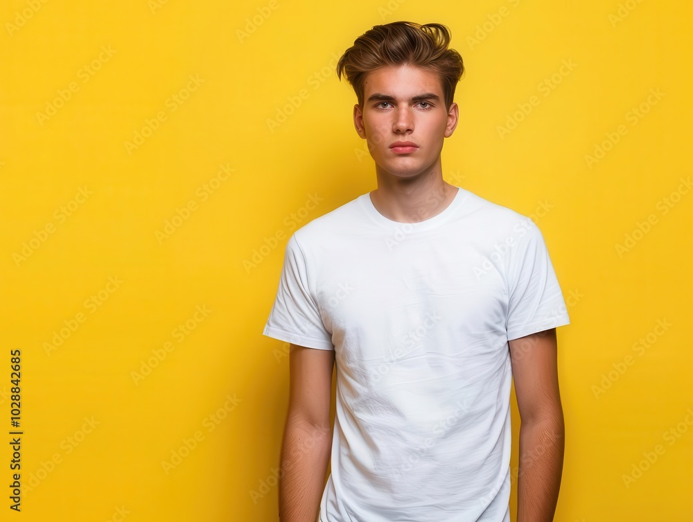 young man modeling a crisp white t-shirt against a vibrant yellow background. clean, minimalist composition perfect for showcasing apparel design. young man modeling a crisp white t-shirt against a vibrant yellow background. clean, minimalist composition perfect for showcasing apparel design.