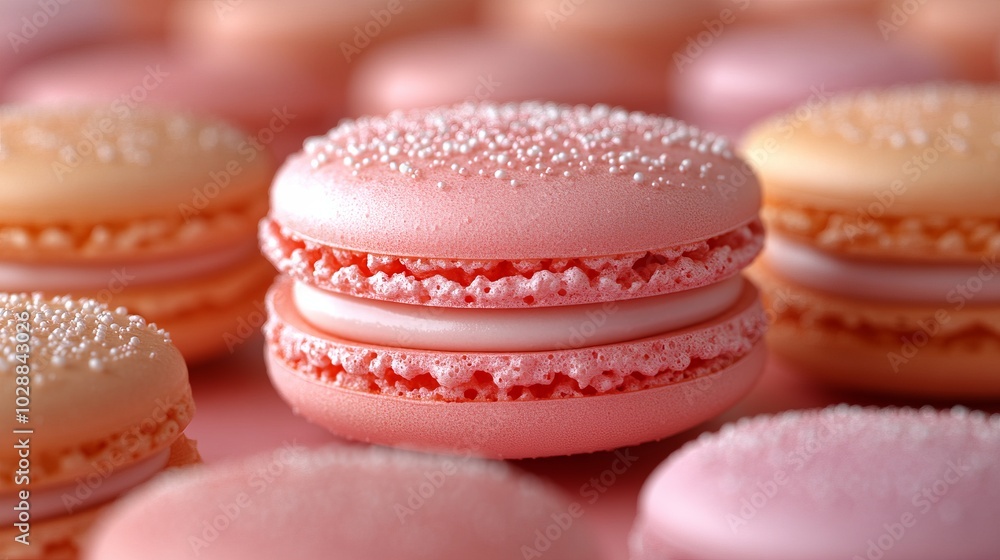 Close-up of Pink Macarons with Sprinkles - Delectable French Pastry Close-up of Pink Macarons with Sprinkles - Delectable French Pastry