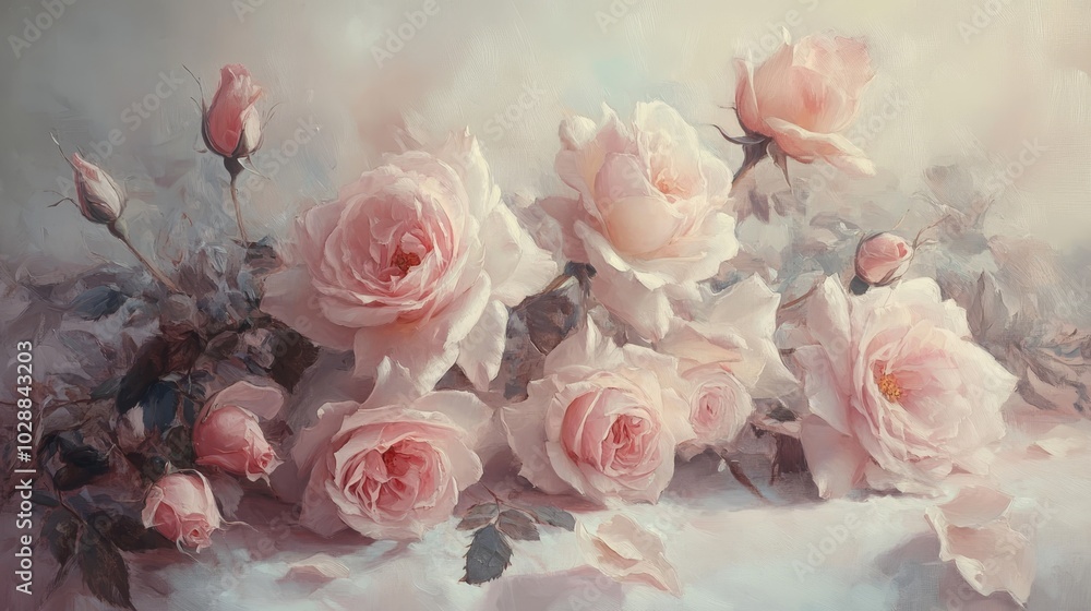 A serene arrangement of pink roses in bloom with surrounding buds and petals, set against a soft pastel backdrop, capturing a peaceful and romantic mood. A serene arrangement of pink roses in bloom with surrounding buds and petals, set against a soft pastel backdrop, capturing a peaceful and romantic mood.