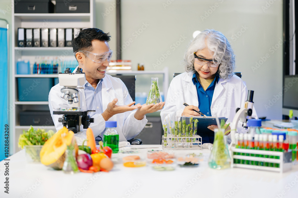 Food scientists in lab coats, testing samples, and analyzing food safety and quality in a modern laboratory Food scientists in lab coats, testing samples, and analyzing food safety and quality in a modern laboratory