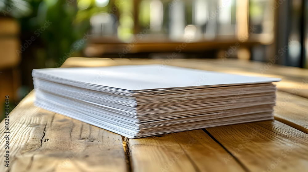 A stack of blank paper on a wooden table in a bright setting. A stack of blank paper on a wooden table in a bright setting.
