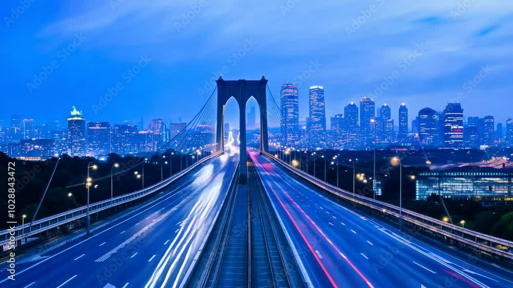 A suspension bridge with cars driving across it at dusk with a city skyline in the background. A suspension bridge with cars driving across it at dusk with a city skyline in the background.