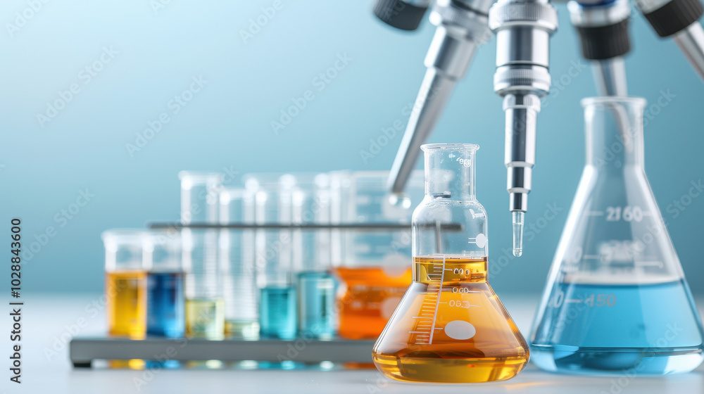 Laboratory equipment including beakers, flasks, and pipettes filled with colorful liquids showcases vibrant world of science and experimentation Laboratory equipment including beakers, flasks, and pipettes filled with colorful liquids showcases vibrant world of science and experimentation