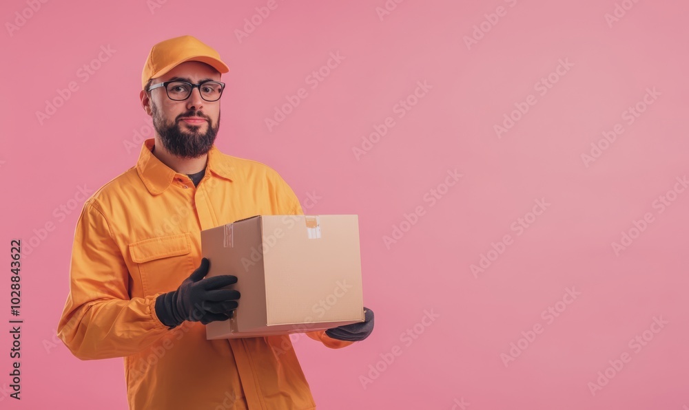 Delivery man holding parcel box on light pink background with copyspace for your text Delivery man holding parcel box on light pink background with copyspace for your text