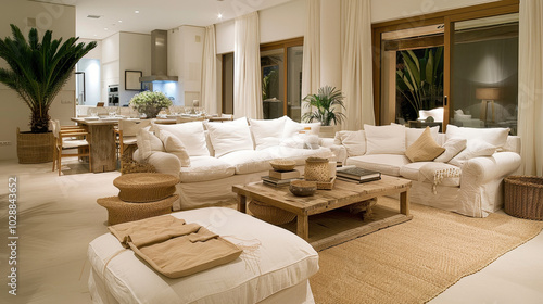 cozy modern living room featuring contemporary furniture, natural textures, and warm lighting. space is inviting and perfect for relaxation, showcasing blend of comfort and style