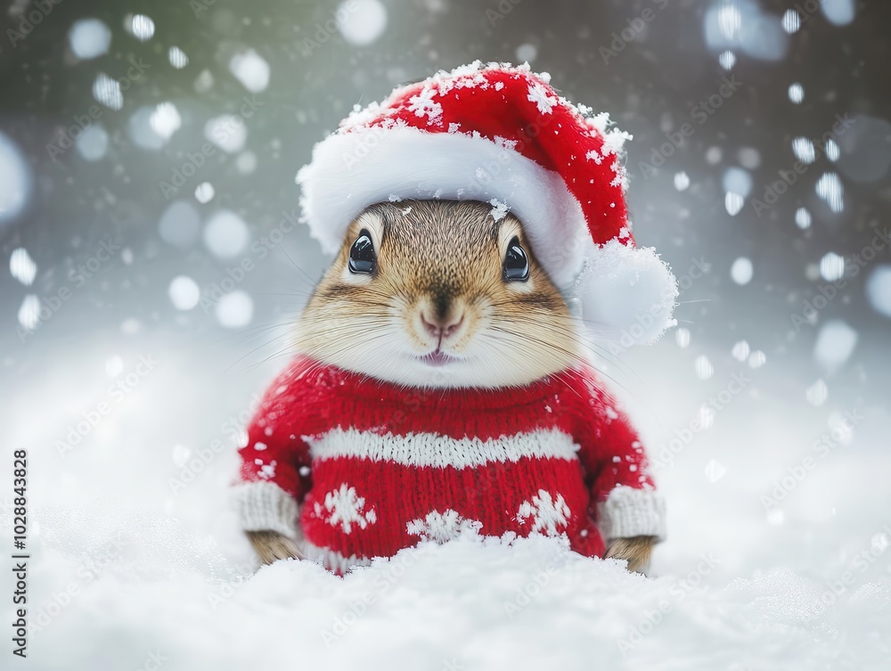 playful chipmunk dressed in a santa claus outfit, complete with a festive hat and sweater, nestled in soft snow, capturing the whimsy and joy of the winter season playful chipmunk dressed in a santa claus outfit, complete with a festive hat and sweater, nestled in soft snow, capturing the whimsy and joy of the winter season