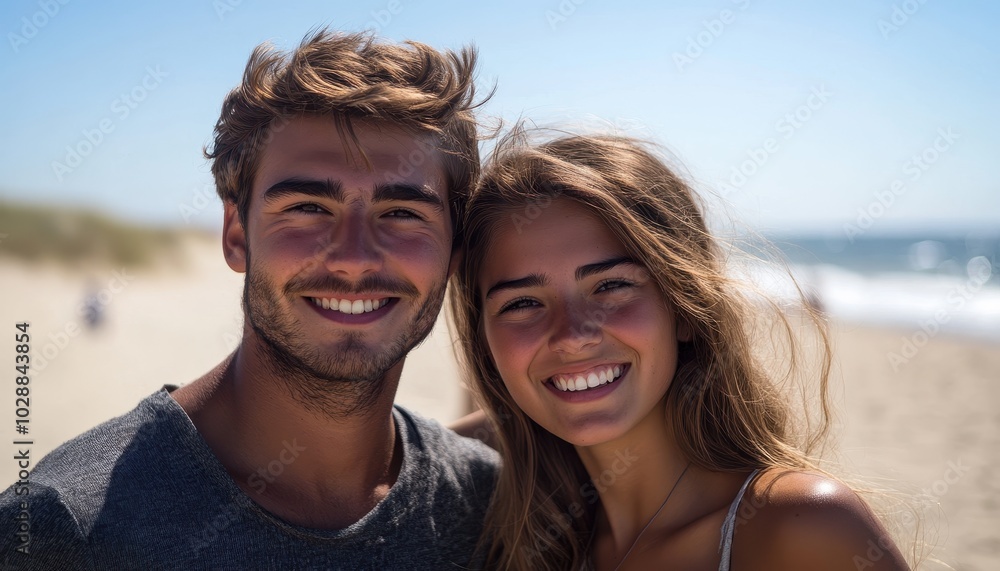 Young couple smiles joyfully together under the sun at a beach on a summer day Young couple smiles joyfully together under the sun at a beach on a summer day