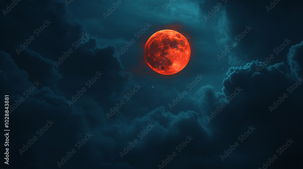 Bright red moon in a dark cloudy sky, glowing Bright red moon in a dark cloudy sky, glowing