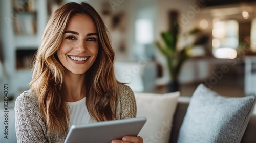 Happy real estate agent sharing information on a digital tablet