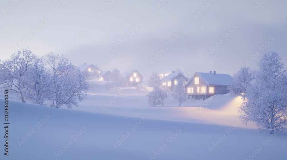 Tranquil Winter Wonderland: Cozy Christmas Eve Scene with Softly Glowing Lights on Snow-Covered Landscape at Dusk. Ultra-Detailed, Cinematic Light Tranquil Winter Wonderland: Cozy Christmas Eve Scene with Softly Glowing Lights on Snow-Covered Landscape at Dusk. Ultra-Detailed, Cinematic Light