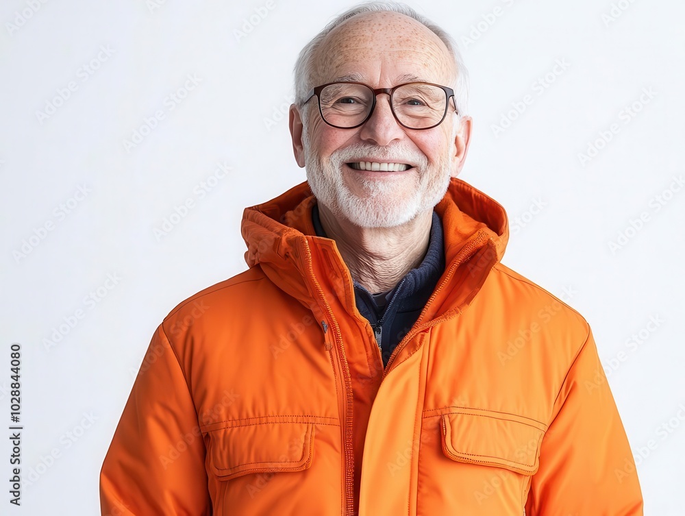 Obraz premium portrait of a cheerful senior man sporting an orange jacket and glasses, exuding warmth and wisdom against a clean white background, symbolizing the joy of aging gracefully