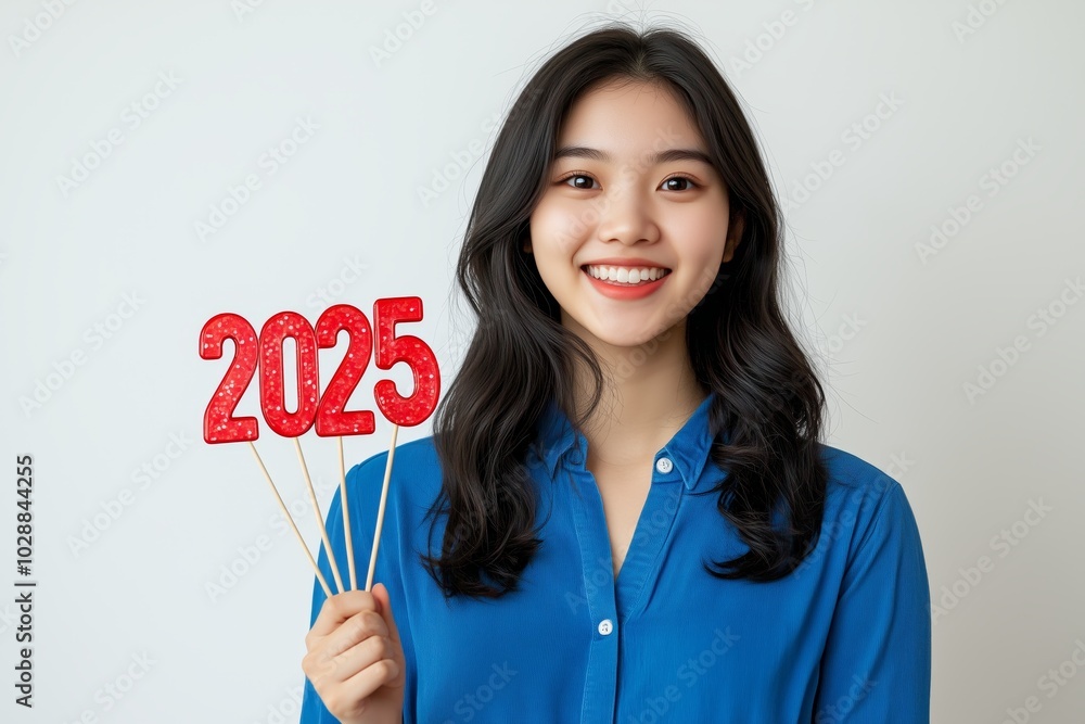 young asian woman smiling and holding 2025 numbers on a stick, celebrating new years eve wearing a blue shirt against young asian woman smiling and holding 2025 numbers on a stick, celebrating new years eve wearing a blue shirt against
