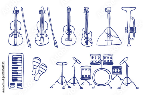 Musical instrument line sketch set. Guitar, violin, viola and drum. Trumpet, midi keyboard and maracas. Doodle black and white vector illustration collection