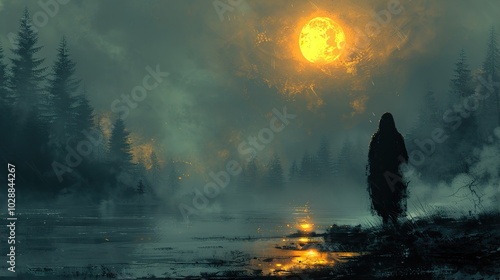 Mysterious Figure in a Foggy Forest Under a Full Moon photo