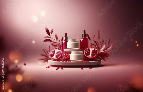 Wallpaper Mural Two pomegranate halves with red seeds and two cream jars with a spray bottle are on a platform with red leaves. Torontodigital.ca