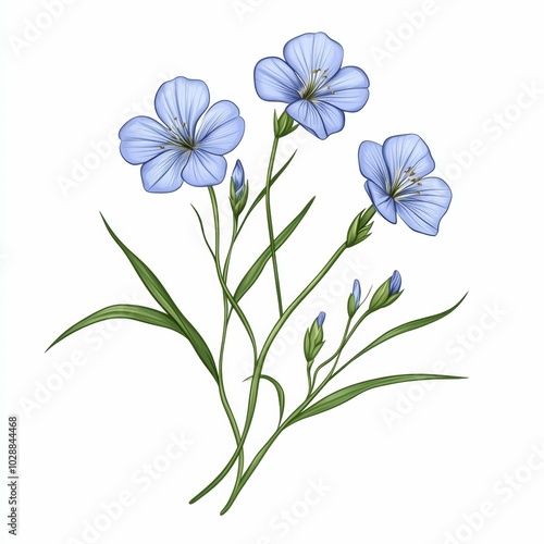 Blue Flax Flowers with Buds and Green Leaves Isolated on White Background