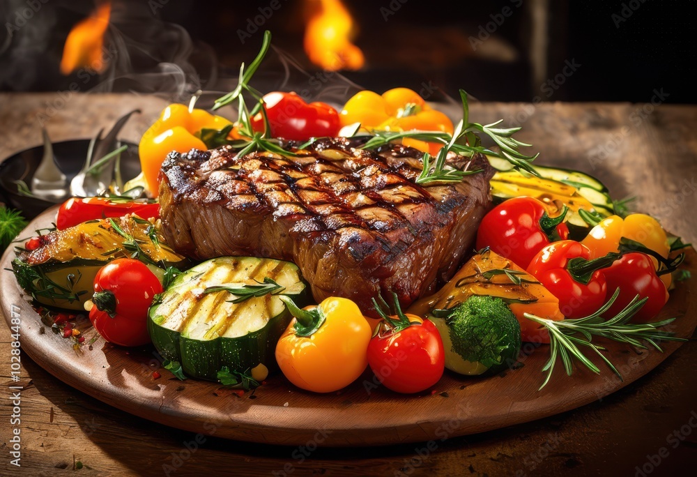 sizzling meat plate displayed bright vegetables garnishes ifulfilling culinary experience, appetizer, dish, food, ingredients, presentation, vibrant, color sizzling meat plate displayed bright vegetables garnishes ifulfilling culinary experience, appetizer, dish, food, ingredients, presentation, vibrant, color