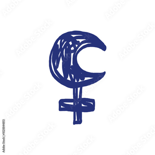 Lilith planet symbol pictogram. Horoscope vector sign. Hand drawn sketch. Blue pen or marker drawing. Primitive kids picture