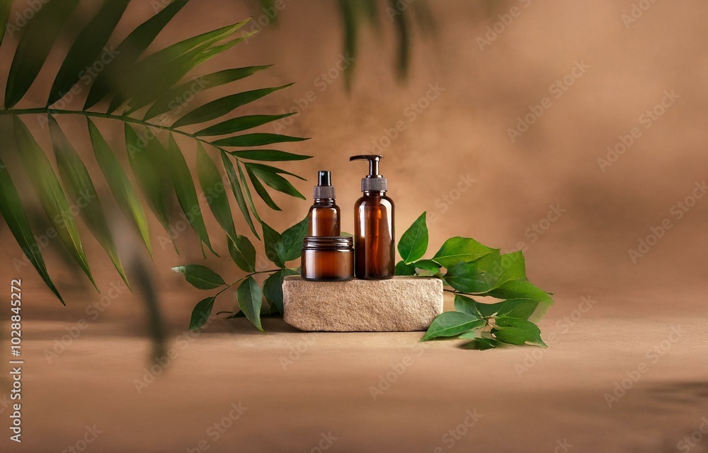 Three brown glass bottles with a pump and a spray top are sitting on a stone platform. A green plant branch lays on the platform and a brown background. Three brown glass bottles with a pump and a spray top are sitting on a stone platform. A green plant branch lays on the platform and a brown background.