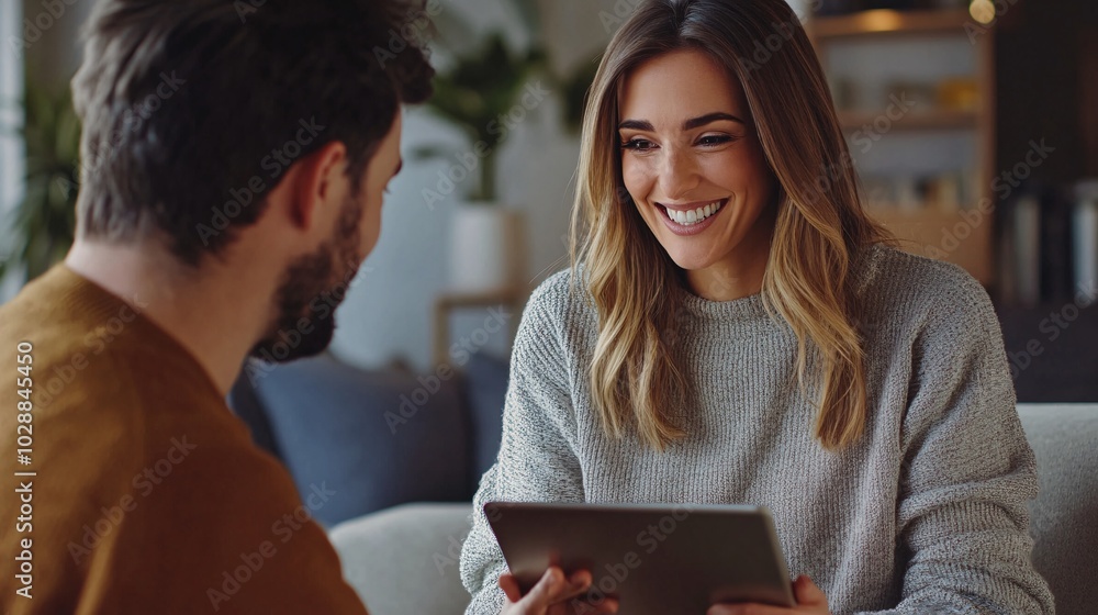Happy real estate agent sharing information on a digital tablet Happy real estate agent sharing information on a digital tablet