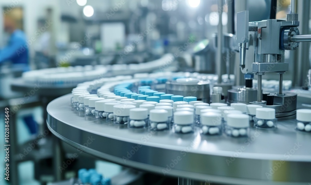 Automated pill packaging line in a factory. Automated pill packaging line in a factory.