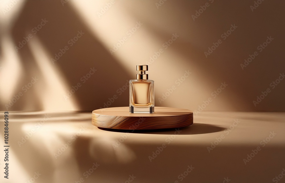 A glass bottle with a gold cap rests on a wooden platform. The bottle is filled with a light golden liquid. Natural light casts shadows across the scene. A glass bottle with a gold cap rests on a wooden platform. The bottle is filled with a light golden liquid. Natural light casts shadows across the scene.