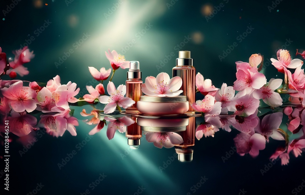 Obraz premium Pink blossoms, a golden bottle and jar on a dark teal background, with blurred bokeh.
