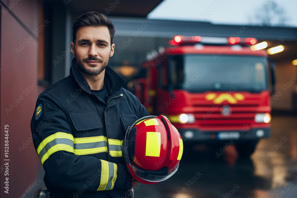 Firefighter posing in front of a fire station, holding his helmet under one arm with the fire engine in the background. Firefighter posing in front of a fire station, holding his helmet under one arm with the fire engine in the background.