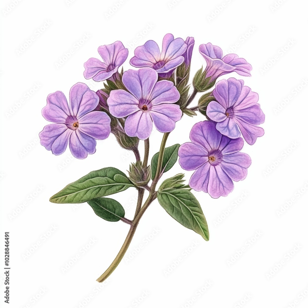 Watercolor Painting of Purple Flowers with Green Leaves Watercolor Painting of Purple Flowers with Green Leaves