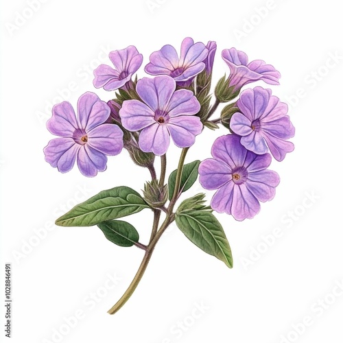 Watercolor Painting of Purple Flowers with Green Leaves