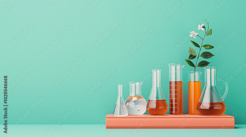 detailed laboratory setup featuring various beakers and flasks filled with colorful liquids, complemented by delicate flower arrangement, creates vibrant and inviting atmosphere detailed laboratory setup featuring various beakers and flasks filled with colorful liquids, complemented by delicate flower arrangement, creates vibrant and inviting atmosphere