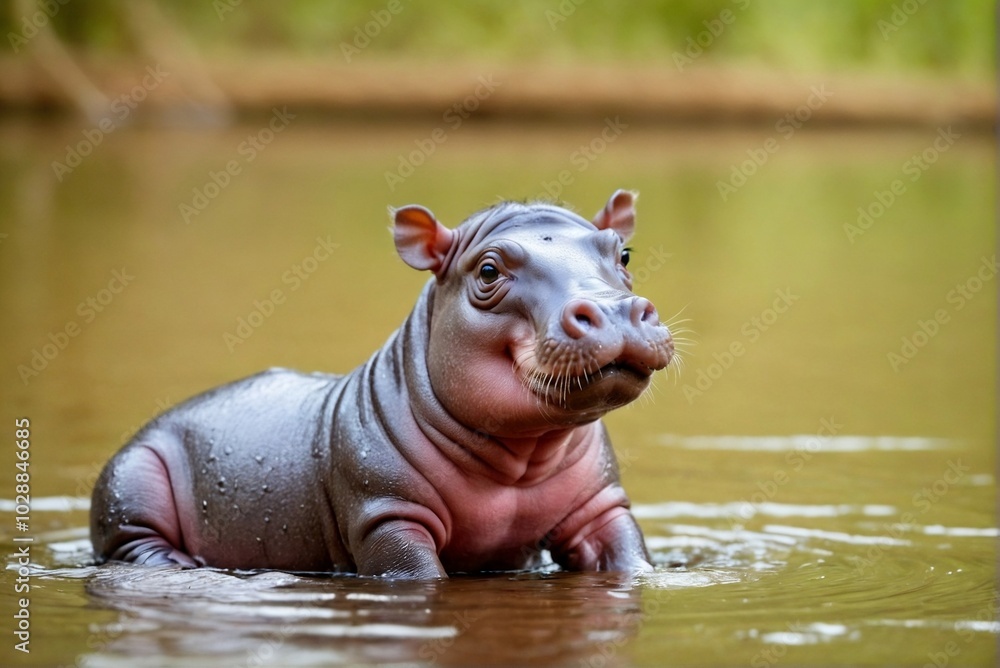 Cute happy baby pygmy hippopotamus playing in the water with copy space. Cute happy baby pygmy hippopotamus playing in the water with copy space.