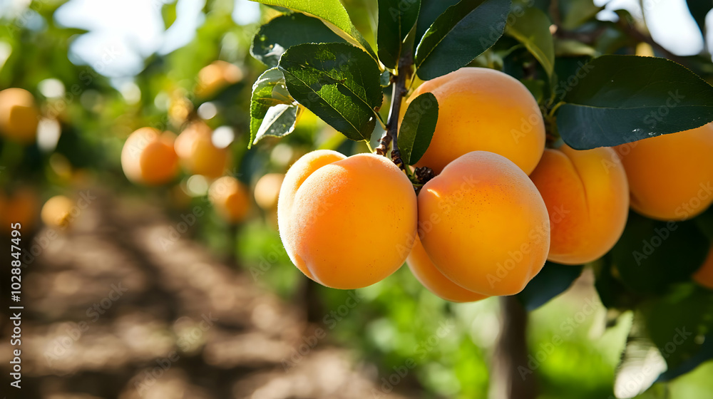Ripe apricots hanging on trees in a sunny orchard. Ripe apricots hanging on trees in a sunny orchard.