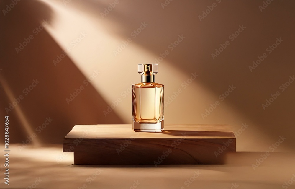 A single, golden perfume bottle sits on a wooden platform against a soft brown background with a beam of light shining down on it. A single, golden perfume bottle sits on a wooden platform against a soft brown background with a beam of light shining down on it.