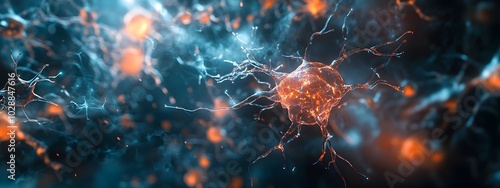 A cinematic still of an AI-generated dark blue and orange depiction of neural networks with glowing connections between nodes.