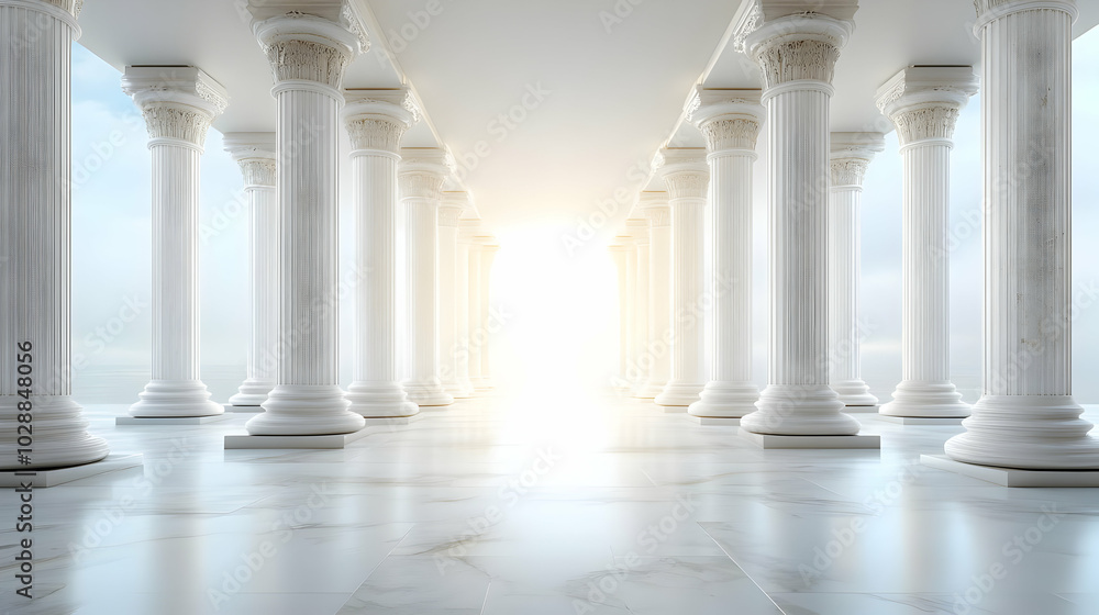 A serene corridor of white columns leading to a bright light. A serene corridor of white columns leading to a bright light.