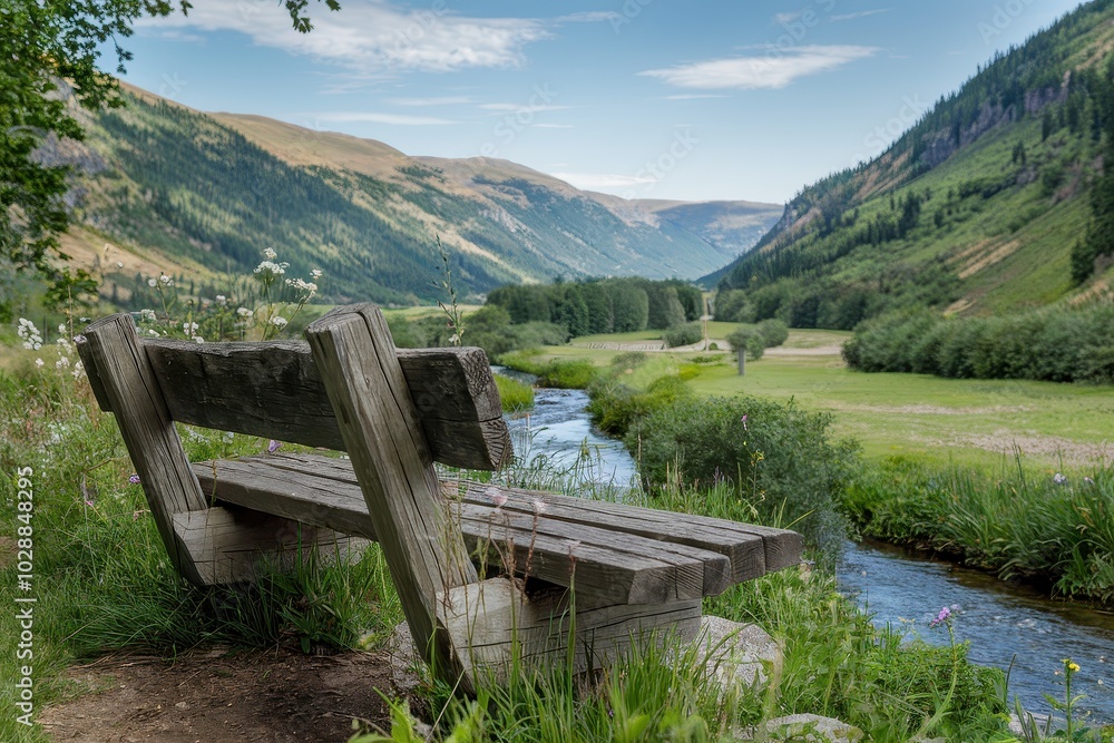 A wooden bench sits by a river in a grassy field A wooden bench sits by a river in a grassy field