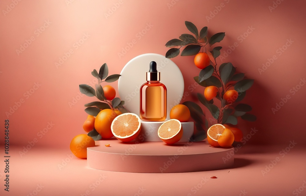 A dropper bottle of amber liquid sits on a pink platform surrounded by citrus fruit and foliage. A dropper bottle of amber liquid sits on a pink platform surrounded by citrus fruit and foliage.