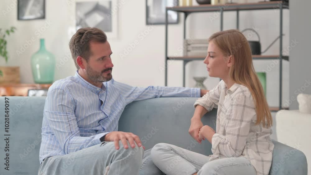 Young Couple Talking while Sitting on Sofa at Home Young Couple Talking while Sitting on Sofa at Home