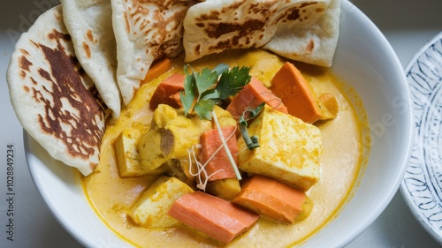 A bowl of food with a white plate and a white bowl