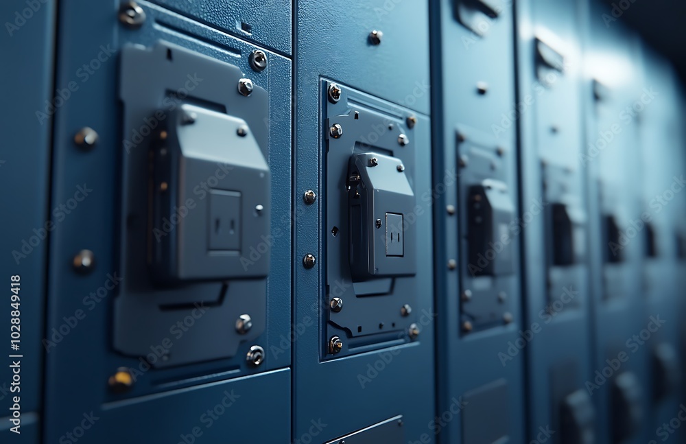 Close-up of gray lockers with blue locks in an office Close-up of gray lockers with blue locks in an office