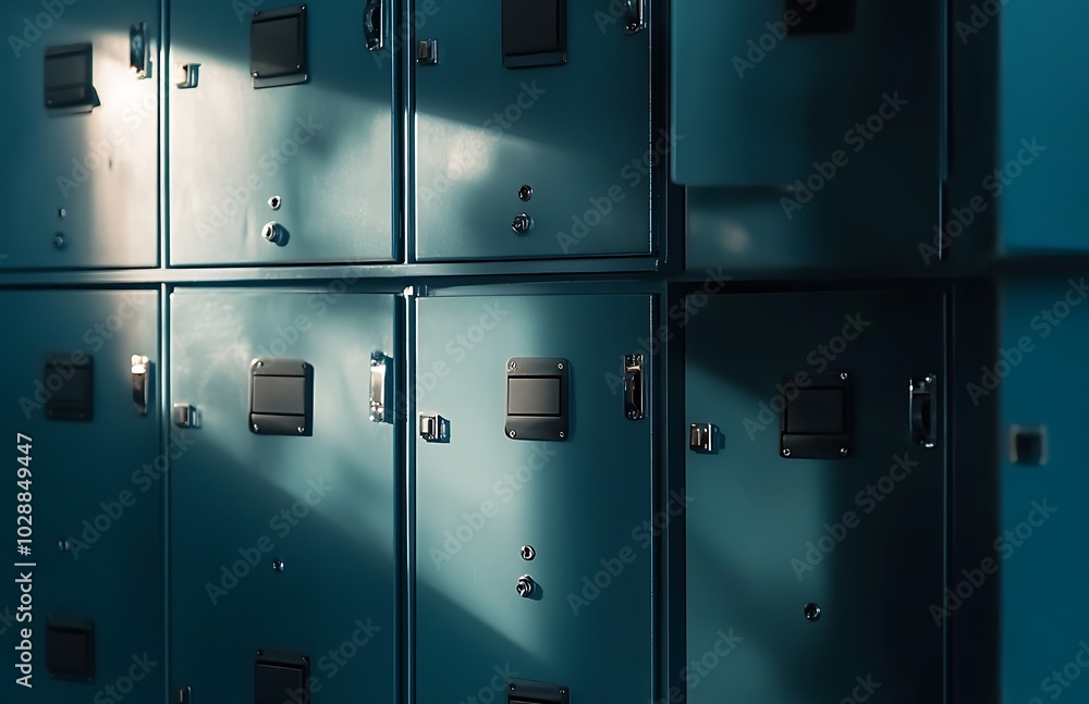 Close-up of gray lockers with blue locks in an office