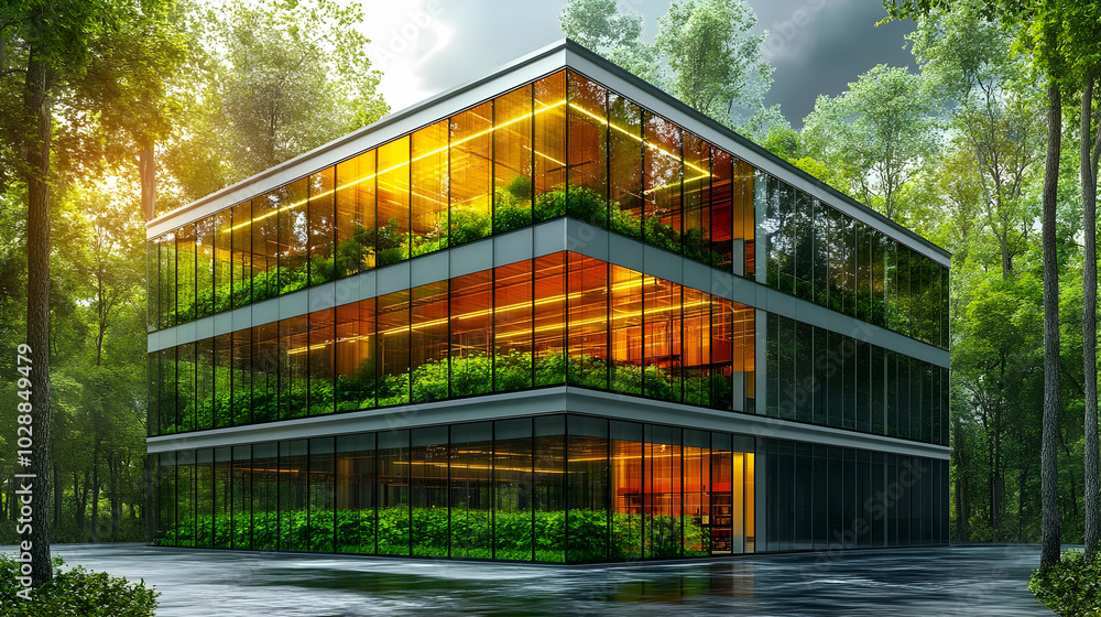 Modern glass building surrounded by lush greenery and trees. Modern glass building surrounded by lush greenery and trees.