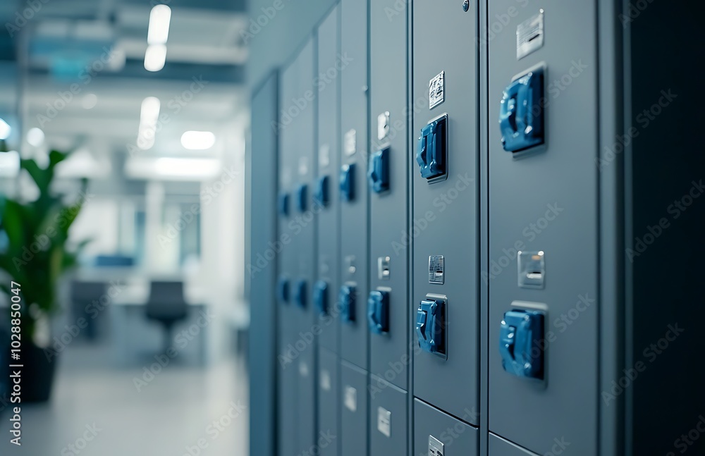 Close-up of gray lockers with blue locks in an office Close-up of gray lockers with blue locks in an office