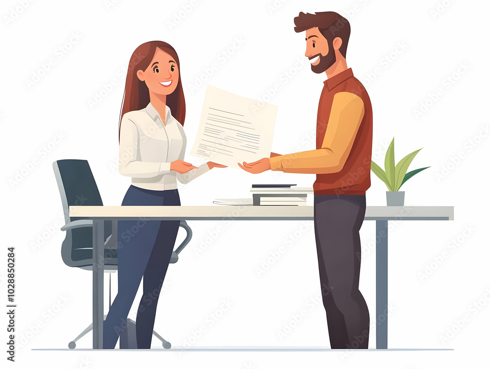 Flat vector illustration of a businessman and businesswoman happily sealing a deal by exchanging contract documents over a desk, bright office background, successful agreement, smart professional tone Flat vector illustration of a businessman and businesswoman happily sealing a deal by exchanging contract documents over a desk, bright office background, successful agreement, smart professional tone