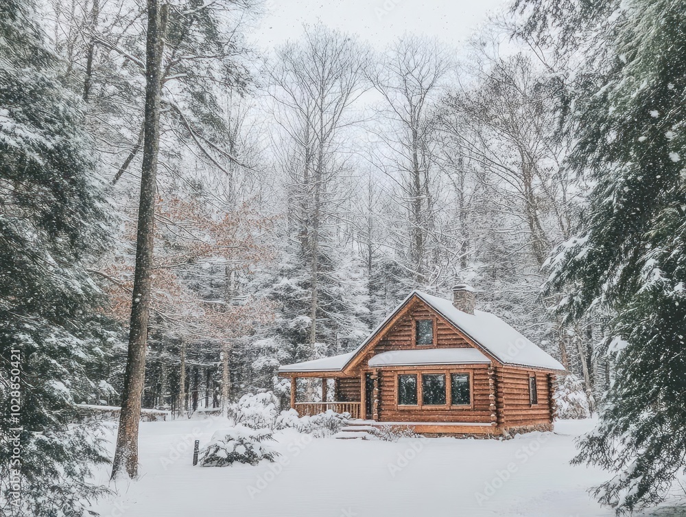 snow-covered log cabin nestled in the winter woods, surrounded by tall pines, evoking a cozy and tranquil winter retreat atmosphere snow-covered log cabin nestled in the winter woods, surrounded by tall pines, evoking a cozy and tranquil winter retreat atmosphere